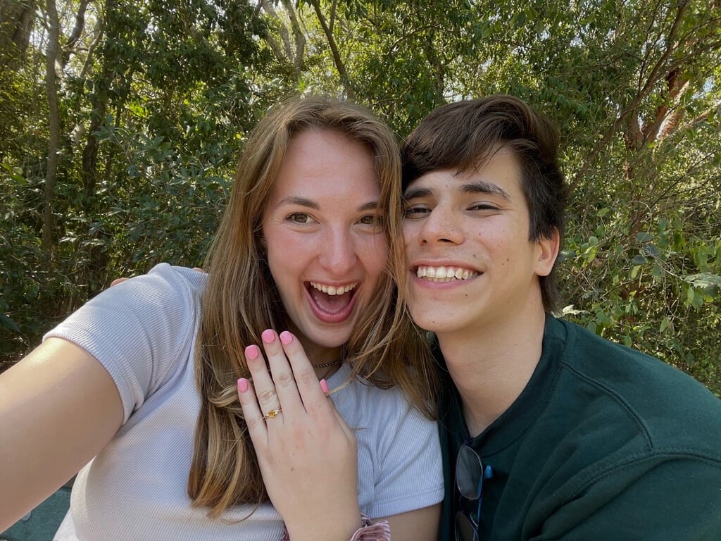 Jade and Juan smiling just after their engagement